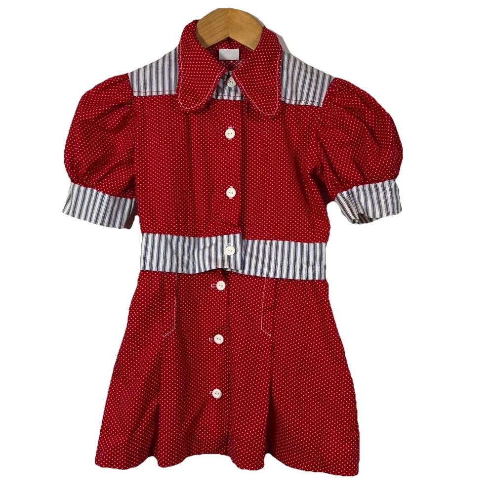 Vintage Girls Dress 8 Red White Blue USA 1970s Retro Mod Short Sleeve Polka Dot